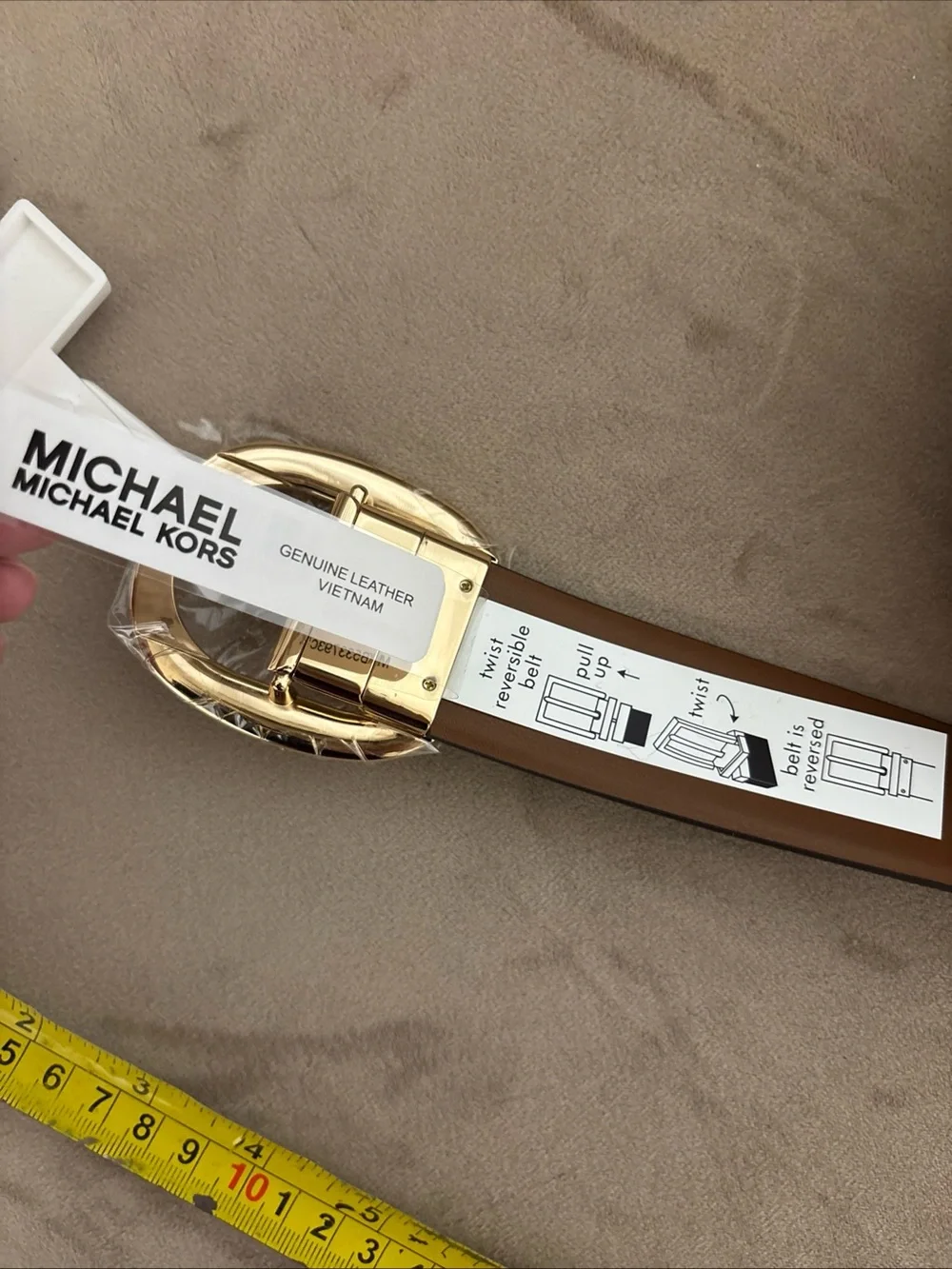 Authentic Michael Kors Reversible Logo Monogram Belt Brown/Gold Hard Size Small